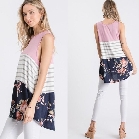 Pink Peplum Boutique Tops - Women's  Stripe And Floral Color Block Tank Top.